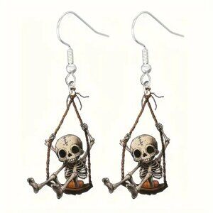 #64 Swinging Playful Skeleton Earrings Goth Punk